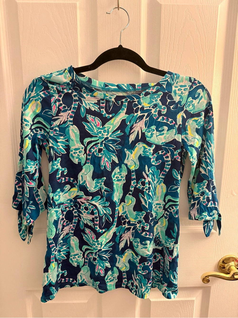 Lilly Pulitzer Navy Tropical Tie-Sleeve Top with Aqua Accents